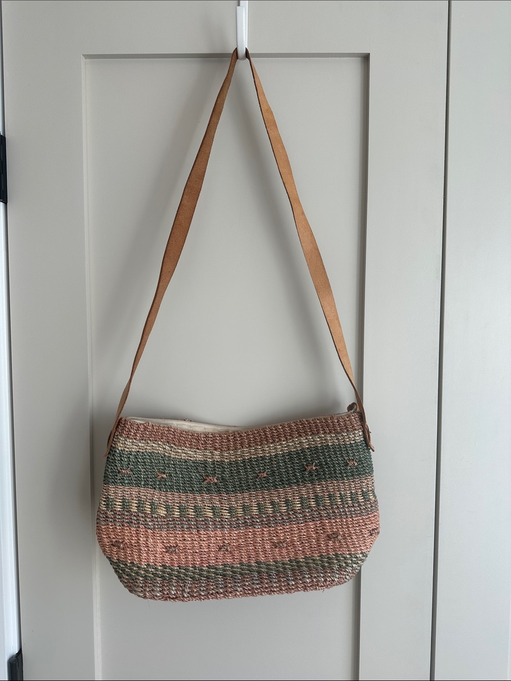 Woven Stripe Shoulder Bag in Green, Pink and Tan